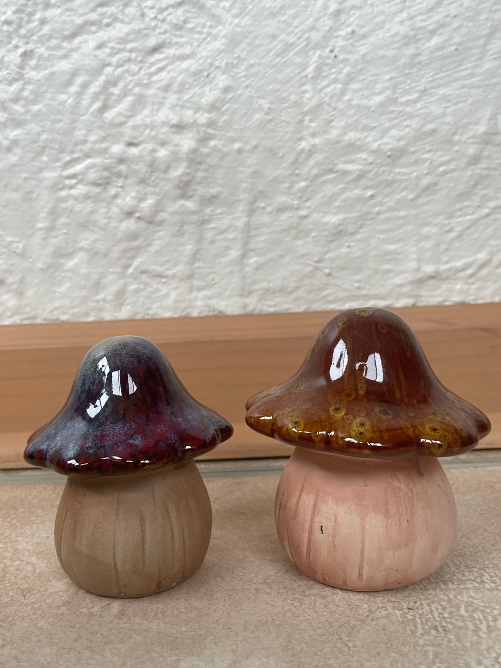 2 Greenbrier Ceramic 4” Inch Mushrooms Tabletop Deco, Indoor/Outdoor, Blue, Tan